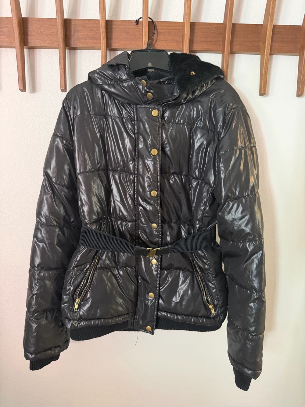 Costa Blanca Shiny Black Quilted Hooded Puffer with Belt